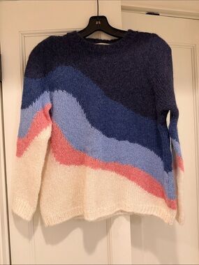 Sezane Cozy Multi-Color Wave Knit Sweater - Cream, Blues & Pink